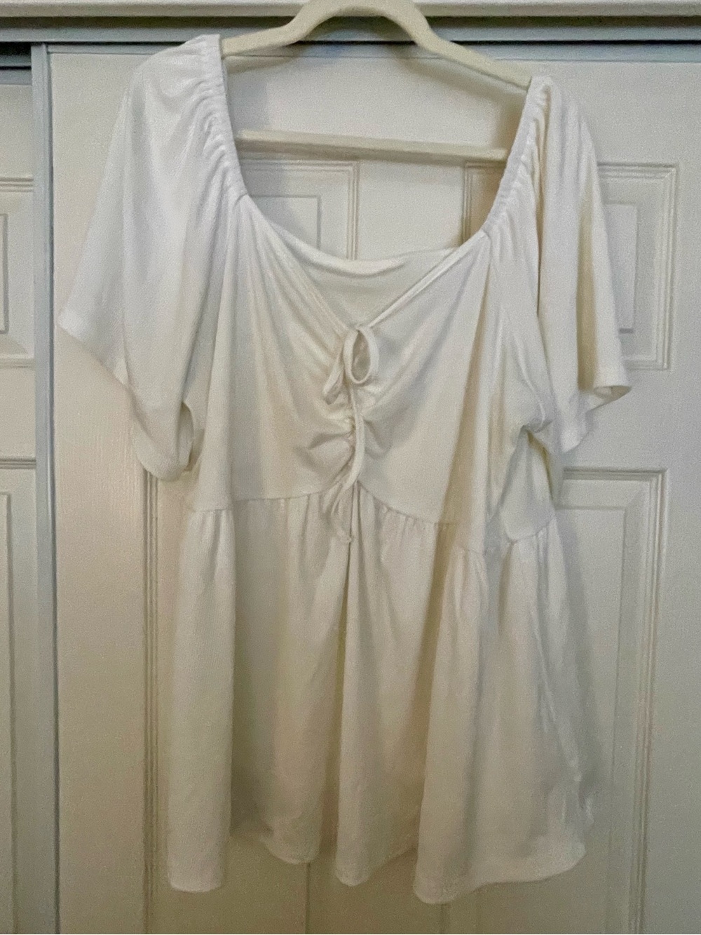 Women's white Tie-Front Babydoll Peasant Top